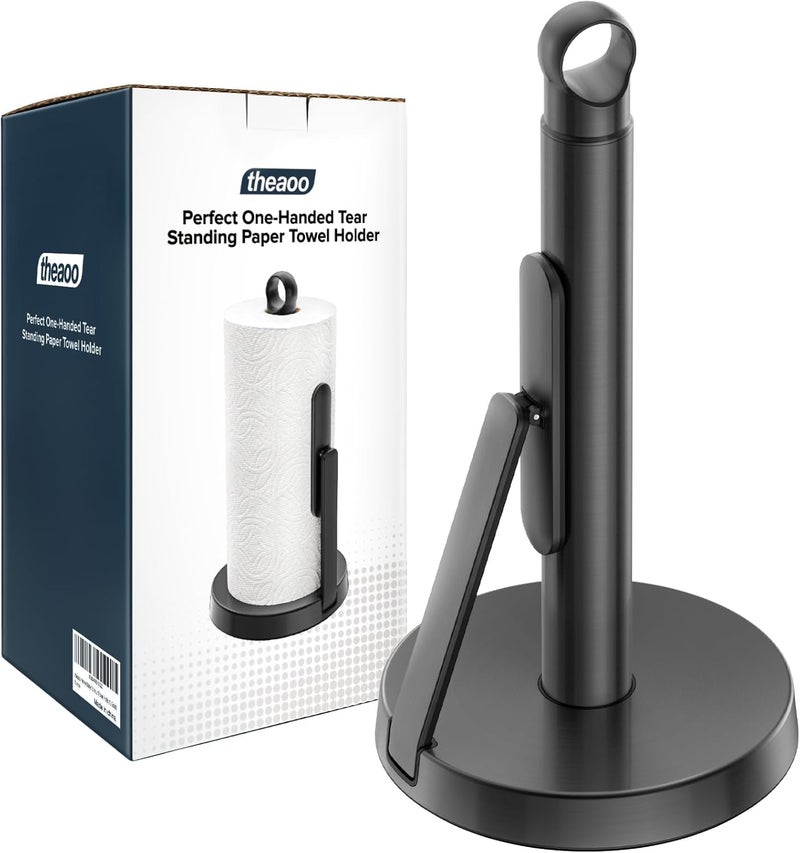 theaoo Heavy-Duty Stainless Steel Paper Towel Holder with Tension Arm – Easy One-Handed Tear, Modern Standing Countertop Dispenser for Kitchen, Holds All Paper Towel Rolls (1, Black) - Image 1